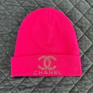 Chanel Pink Beanie with Rhinestone Logo studded girls hat